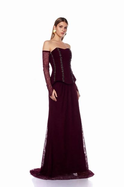 Bordo Peplum Detaylı  Dantelli Abiye  Elbise